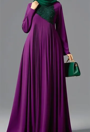  3d drawing fashion long maxi dress Drawing of a long pelisse pressed pleated dress for veiled women for fat veild women with dark purple for Muslim hejab with dark green with loose style from chest ,