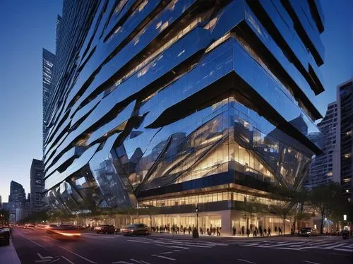 Safdie architecture, modern skyscraper, steel frame structure, reflective glass facade, sleek lines, angular edges, urban cityscape, metropolitan area, busy streets, honking cars, pedestrian sidewalk,