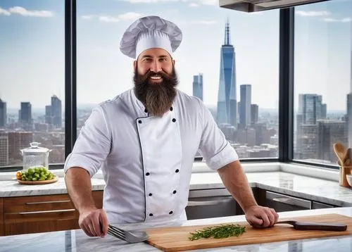 Chef, male, 30s, muscular arms, white apron, chef hat, thick beard, holding wooden spoon, standing in front of modern kitchen island, stainless steel countertops, marble backsplash, industrial pendant