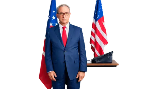  Politician, middle-aged man, suit, tie, briefcase, confident posture, standing, presidential desk, leather chair, flags in background, serious facial expression, glasses, parted hair, mature makeup, 