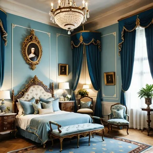 ornate room,blue room,bedchamber,victorian room,chambre,danish room,great room,malplaquet,ritzau,rococo,bedrooms,opulently,sleeping room,neoclassical,four poster,interior decor,mazarine blue,interior decoration,poshest,bedroom,Photography,General,Realistic