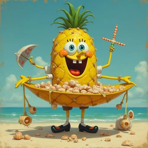 Create a surreal image of Mary Poppins with Spongebob's yellow skin and pineapple-shaped house, holding a magic carpet made of seashells.,the illustration is pineapple standing on its knees holding an