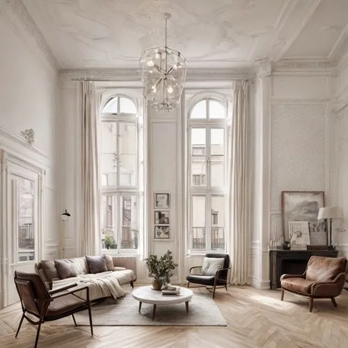 marble step, white walls, city outside the windows, light wood parquet on the floor, rectangles above the windows is in the wall color, ceiling chandelier made of milk matt glass, pendant light is on,