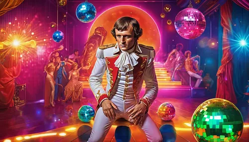 eleven,cirque,cirque du soleil,circus show,disco,ringmaster,mirror ball,magician,cabaret,wax figures museum,neo-burlesque,discobole,prism ball,circus,bellboy,cd cover,pantomime,solo entertainer,the ball,david bowie,Illustration,Realistic Fantasy,Realistic Fantasy 38