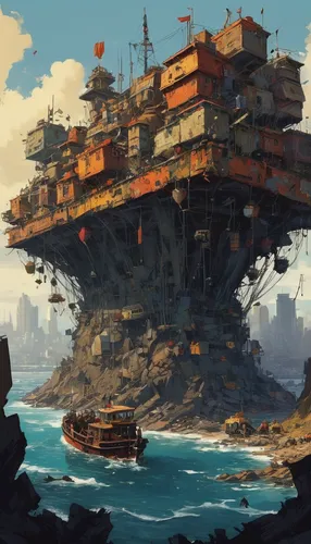 gunkanjima,hashima,ship wreck,floating island,artificial island,very large floating structure,floating islands,aircraft carrier,factory ship,dreadnought,sea fantasy,oil platform,futuristic landscape,airships,ancient city,carrack,harbor,floating huts,mushroom island,docked,Conceptual Art,Sci-Fi,Sci-Fi 01