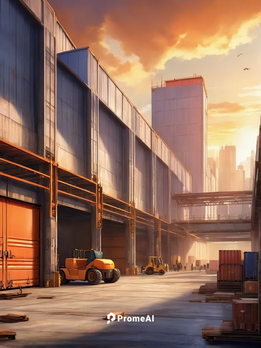 Industrial loading dock, modern architecture, steel beams, concrete walls, large windows, metal roofs, cargo containers, forklifts, pallets, busy atmosphere, daytime, natural light, warm colors, shall