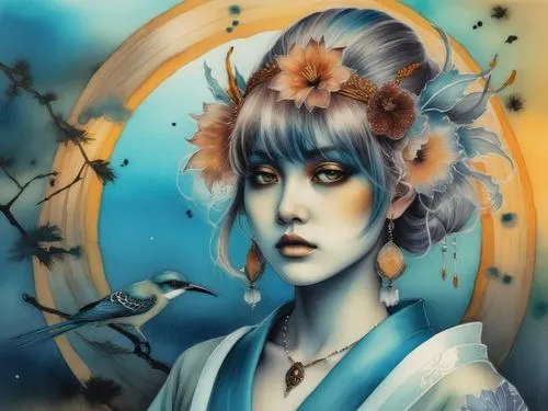 a painting with birds flying around her head and a woman with blue hair,fairie,faerie,karou,persephone,krita,faery,Illustration,Realistic Fantasy,Realistic Fantasy 45