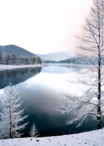 Winter landscape, snowflakes gently falling, frosty trees, frozen lake, snowy mountains, icy riverbank, misty atmosphere, soft warm lighting, panoramic view, cinematic composition, shallow depth of fi