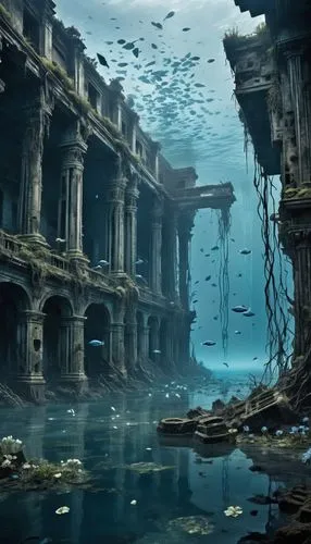 atlantis,herakleion,underwater landscape,ancient city,underwater background,atlantica,underwater oasis,sunken church,yamatai,ocean underwater,sunken ship,philippopolis,waterworld,atlantik,undersea,shipwrecks,aquarium,ocean floor,shipwreck,house of the sea,Conceptual Art,Fantasy,Fantasy 33