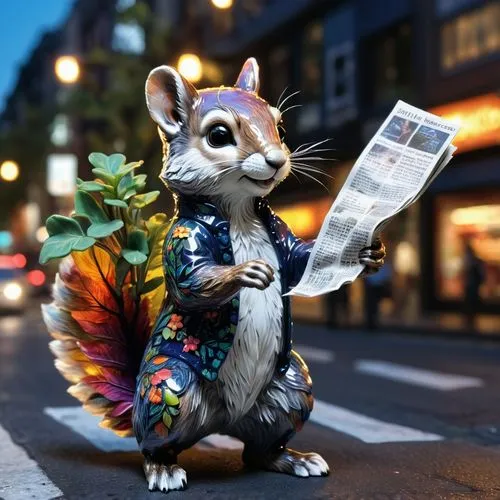 a sqiurrel handing out newspapers on a busy street,an image of a squirrel statue reading the newspaper,reading the newspaper,newspaper reading,newspapers,wenlock,color rat,musical rodent,Photography,A