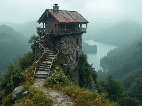 house in mountains,lookout tower,house in the mountains,watch tower,mountain hut,lonely house,house with lake,winding steps,house in the forest,miniature house,mountain settlement,little house,watchtower,the cabin in the mountains,observation tower,dreamhouse,small house,alpine hut,tree house,watchtowers,Photography,General,Realistic