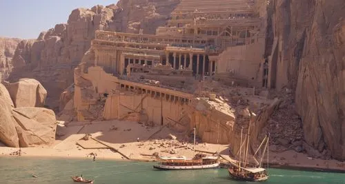 an old castle in the middle of a lake surrounded by mountain formations,nabataean,aswan,nabataeans,egypt,valley of the kings,themyscira