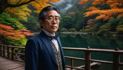 Koichi Takada, modern Japanese architect, solo, (50yo), glasses, short black hair, white shirt, dark blue suit, standing, scenic lake, surrounding lush green forest, majestic mountain range, misty atm