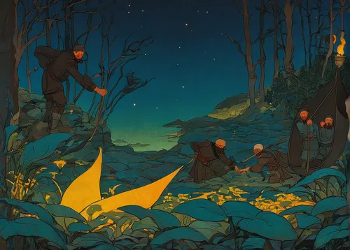 fireflies,fairy forest,night scene,bird kingdom,cartoon forest,fairies aloft,firefly,chanterelles,forest animals,fairies,fairy world,frog gathering,phyllobates,forest of dreams,fantasia,druid grove,bird bird kingdom,fairy lanterns,monkey island,hunting scene,Illustration,Retro,Retro 11