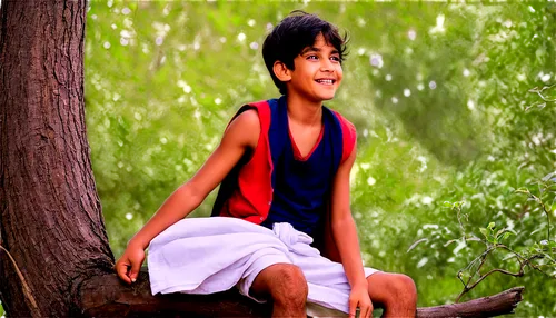 Rikki-Tikki-Tavi, Mowgli's friend, Indian boy, 10yo, messy black hair, big brown eyes, smiling face, bare feet, white dhoti, red vest, sitting on a tree branch, playful pose, warm sunlight, natural at