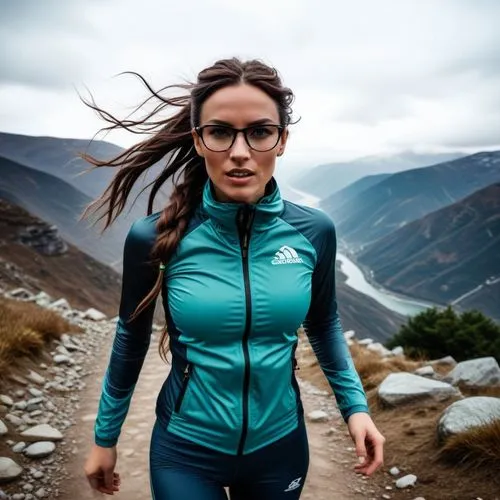 a woman with glasses is running down a dirt road,karrimor,female runner,polartec,asllani,sprint woman,waterproofs