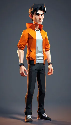 a man of 21 years age wearing a casual outfit with orange and black combination,3d model,pubg mascot,scout,naruto,goku,engineer,3d rendered,3d render,3d man,character animation,3d figure,son goku,oran