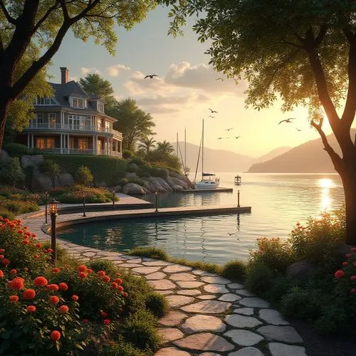 waterfront,house by the water,harbor,seaside country,summer cottage,boat landscape,harborfront,lake geneva,harborwalk,shorefront,boat harbor,coastal landscape,seahaven,the waterfront,home landscape,landscape background,waterside,idyllic,houseboats,nantucket,Photography,General,Realistic