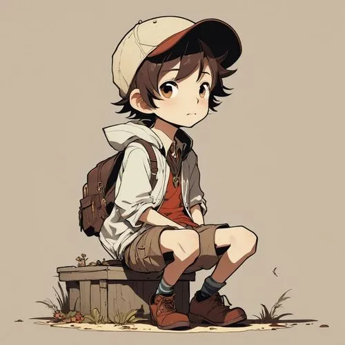 dipper,hiker,studio ghibli,croft,kids illustration,wander,clementine,little kid,countrygirl,adventurer,little league,scout,small mushroom,brown hat,child boy,child in park,little boy,small child,park ranger,mountain guide,Illustration,Children,Children 04