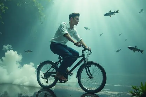 camera views from the side of an average stocky brawny healthy thick Vietnamese typical round-faced handsome young guy riding a retro bike between clouds underwater, he is busty, wear a navy trousers 