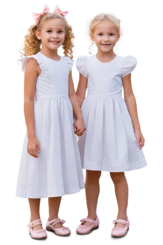 Cute chicks, three little girls, (6-8yo), smiling faces, rosy cheeks, big shiny eyes, curly blonde hair, ponytails, white dresses, pink bows, Mary Jane shoes, holding hands, standing together, pastel 