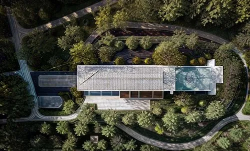 hahnenfu greenhouse,house in the forest,greenhouse cover,the old botanical garden,roof landscape,dji agriculture,view from above,home of apple,palm house,japanese zen garden,from above,bird's-eye view