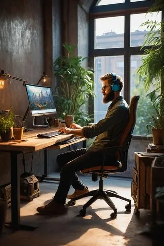 man with a computer,blur office background,working space,game illustration,freelancer,in a working environment,modern office,workspaces,office worker,forest workplace,computerologist,workspace,desk,creative office,world digital painting,cryengine,bleszinski,bureau,workstations,computer workstation,Art,Classical Oil Painting,Classical Oil Painting 42