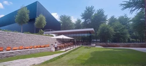 DISEÑO EXTERIOR DE UN RESTAURANT PARA UNA NAVE INDUSTRIAL, TERRAZAS CON MUROS DE PIEDRA, PERSONAS,CESPED, VENTANALES DE CRISTAL AMPLIOS, VISTAS PANORAMICAS, VEGETACION EXUBERANTE,this is a building ne