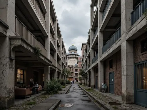 Rough concrete walls, exposed ductwork, industrial metal beams, raw brick facades, weathered stone surfaces, distressed wood accents, brutalist monumentality, fortress-like structures, urban cityscape