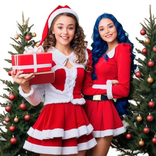 Christmas scene, festive atmosphere, Santa Claus, red suit, white beard, smiling face, girl in Lolita dress, curly brown hair, blue eyes, sparkly eyeshadow, red lips, holding gift box, surrounded by C