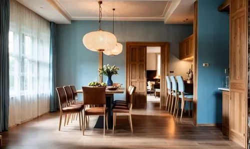 dining room, classic wall panels, lots of details, chandelier, fireplace with fire, open to below,the dining room is decorated with a blue theme,fromental,dining room,blythswood,limewood,breakfast roo