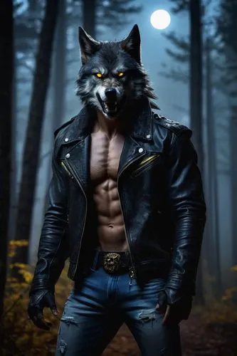 Anthropomorphic werewolf, muscular male, 25yo, sharp facial features, glowing yellow eyes, wolf ears, furry arms, claws, athletic physique, ripped jeans, black leather jacket, full moon night, dark fo