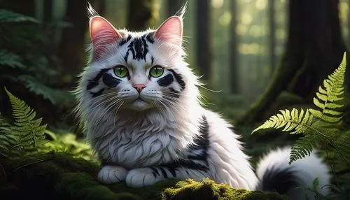 Felis salamandra cat, white fur, black spots, whiskers, cute nose, pink ears, green eyes, sitting, paws together, calm atmosphere, forest floor, moss, ferns, sunlight filtering through trees, warm amb