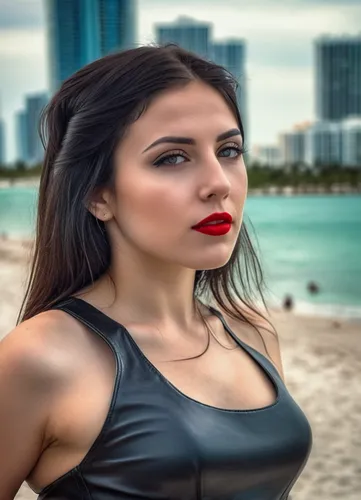 portrait half bodyof a beautiful caucasian 22 years old black hair, red lips, wearing a black leather  dress seeing to sea in the city of miami as background in 4k,beach background,miami,fisher island