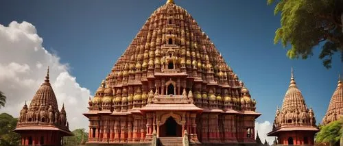 Hindu temple, ancient Indian architecture, intricate carvings, ornate pillars, vibrant colors, golden domes, red stone walls, detailed sculptures, lush greenery surroundings, tropical trees, bright su