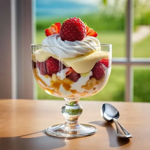 trifle,knickerbocker glory,zuppa inglese,sundae,fruit ice cream,white chocolate mousse,syllabub,cranachan,sundaes,foot in dessert,pannacotta,mascarpone,zabaione,semifreddo,cream topping,whipped ice cream,fruit butter,vanilla ice cream,vanilla icecream,mandarin sundae,Photography,General,Realistic