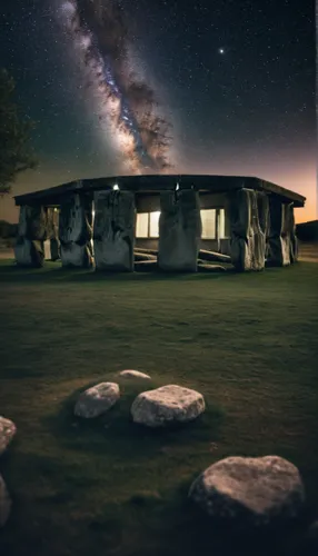 Uma bela noite de um céu estrelado com um belo luar,sky space concept,futuristic landscape,megalithic,camper van isolated,neolithic,megaliths,tourist camp,research station,astronomy,cubic house,planet