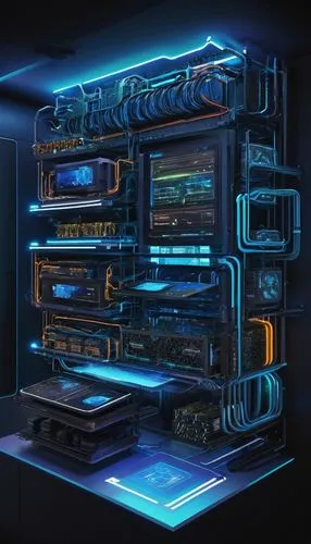 Kubernetes architecture diagram, complex network, detailed illustration, 3D futuristic style, neon blue glow, sleek lines, metallic texture, nodes and pods interconnected, master node, worker nodes, e