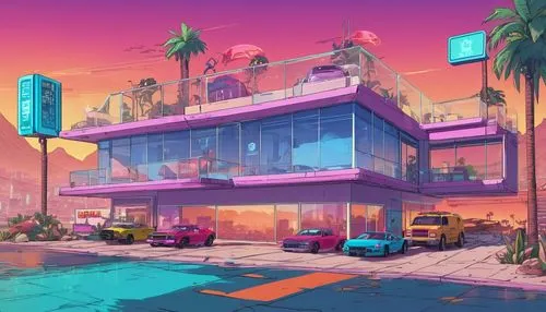 retro diner,miami,80's design,colorful city,motel,electric gas station,tropicana,cybertown,futurepop,hkmiami,electrohome,haulover,synth,dreamsville,aesthetic,riviera,paradisus,suburu,hypermodern,modern,Illustration,Vector,Vector 19