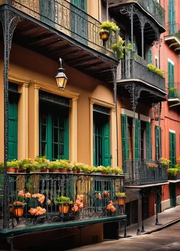 french quarters,new orleans,neworleans,balcones,balconies,brownstones,row houses,rowhouses,beautiful buildings,townhouses,venecia,dumaine,venice,nola,shutters,wrought iron,colorful facade,rowhouse,facades,bienville,Conceptual Art,Fantasy,Fantasy 16