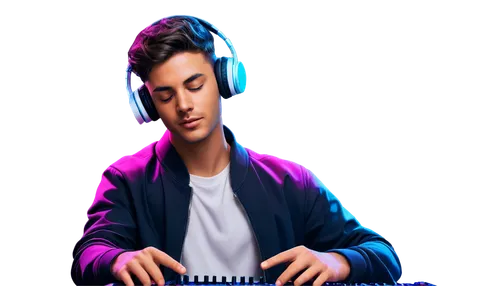 Young DJ, male, headphones, casual wear, relaxed posture, hands on controller, eyes closed, Phonk music notes surrounding, neon lights, futuristic background, 3/4 composition, shallow depth of field, 