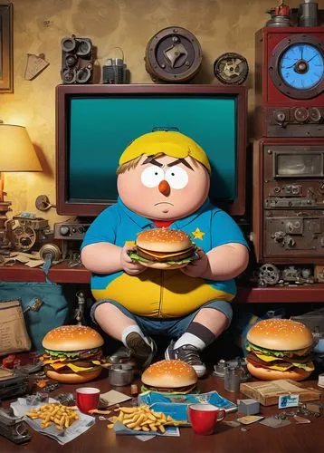 Cartman, South Park character, chubby, blond hair, blue eyes, freckles, buck teeth, yellow shirt, red hat, blue jeans, sneakers, holding a cheeseburger, sitting on a couch, in front of a TV, messy roo