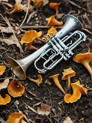 Write a humorous story about a trumpet chanterelle causing chaos at a jazz concert.,trumpet chanterelle,american climbing trumpet,gold trumpet,trumpet leaf,climbing trumpet,old trumpet,flugelhorn,trum