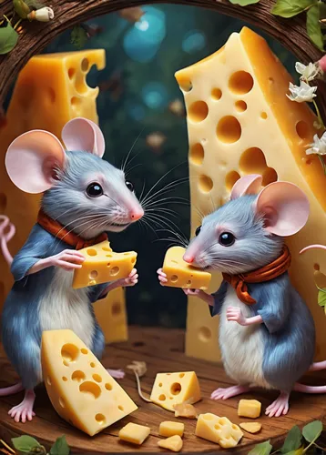 Write a funny dialogue between two mice discussing the mystery behind cheese holes.,rodentia icons,cheeses,wheels of cheese,gorgonzola,grana padano,emmental cheese,cheese slices,mold cheese,cheese swe