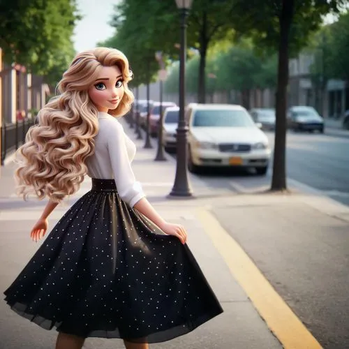 A woman wearing a long black skirt with small white polka dots,rapunzel,doll dress,model doll,fashion doll,barbie,a girl in a dress,girl walking away,dress doll,girl in a long dress from the back,girl