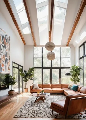 mid century modern,sunroom,contemporary decor,skylights,interior modern design,mid century house,modern living room,daylighting,home interior,living room,glass roof,family room,concrete ceiling,modern decor,luxury home interior,loft,livingroom,wooden beams,hardwood floors,clerestory,Illustration,Retro,Retro 12