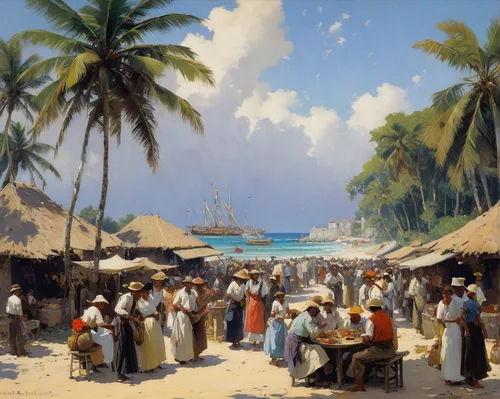 beach landscape,people on beach,fishing village,fruit market,south pacific,beach restaurant,tahiti,village scene,vendors,coconuts on the beach,mombasa,bahian cuisine,beach bar,the market,lev lagorio,fish market,pilgrims,caribbean beach,coastal landscape,samoa,Art,Classical Oil Painting,Classical Oil Painting 32