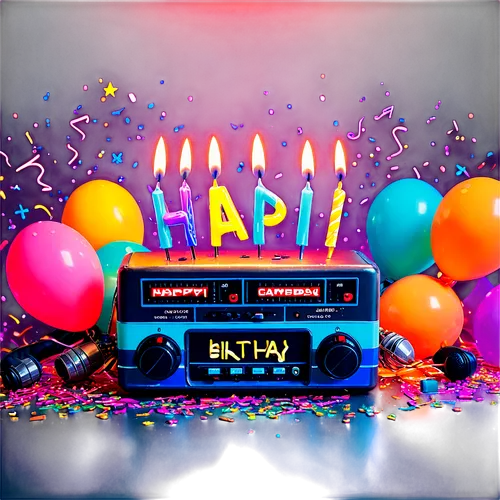 Happy birthday song, colorful balloons, confetti, cake with candles, bright lighting, joyful atmosphere, festive decorations, sparklers, microphones, audio waves, sound bars, musical notes, cheerful m