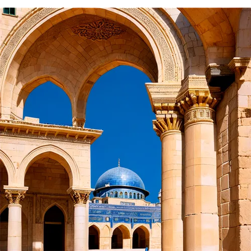 Al-Aqsa Mosque, Jerusalem, daytime, clear sky, blue dome, golden crescent moon, intricate stone carvings, arches, columns, Islamic architecture, vibrant colors, ornate decorations, soft natural light,