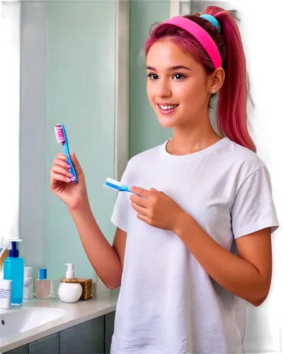 Girl, young adult, brushing teeth, standing, bathroom setting, white shirt, pink hairband, ponytail, toothbrush in hand, toothpaste on lips, morning scene, soft lighting, 3/4 composition, shallow dept